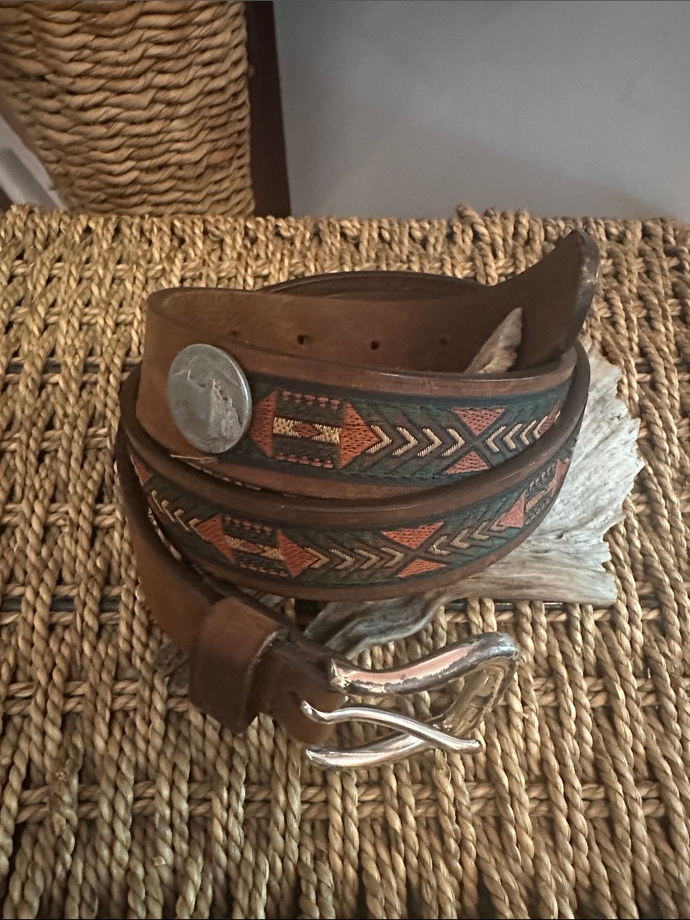 Brighton Women’s Southwestern Buffalo Nickel brown leather 34 belt